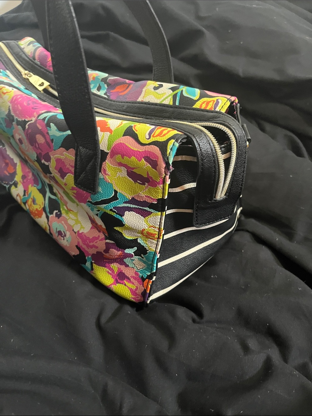 Betsey Johnson Black Floral Tote with Multicolor Blossoms